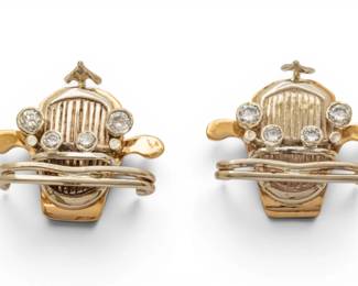 Lot 22 Lielin 14k Yellow and White Gold and Diamond Rolls Royce Grille Earrings