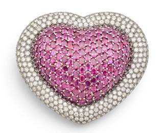 Lot 19 18k White Gold, Ruby, and Diamond Heart-Shaped Brooch
