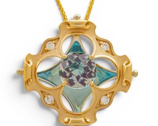 Lot 30 Galatea 14k Yellow Gold, Aquamarine, Emerald, Ruby, and Diamond Kaleidoscope Pendant Necklace