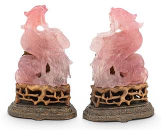 Lot 1099 Chinese Hand Carved Rose Quartz Phoenix Birds on Farmer Mounts Circa 1900, H 7.5" W 5.5" 1 PAIR