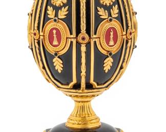 Lot 1238 House of Igor Carl Fabergé, (Russian) Gold Plate, Enamel and Gemstone Imperial Jeweled Egg Chess Set, H 9" Dia. 3.5"