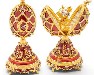 Lot 1233 House of Igor Carl Fabergé, (Russian) Gold Plated Sterling Silver, Diamond, Ruby, and Enamel Jeweled Egg 'Waltz of the Hummingbird', H 7.5" Dia. 3.25"