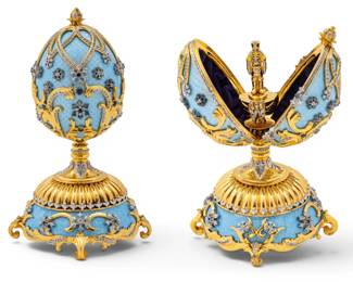 Lot 1240 House of Igor Carl Fabergé, (Russian) Gold Plated Sterling Silver, Enamel and Crystal 'Waltz of the Snowflakes' Musical Imperial Egg, with Accompanyin