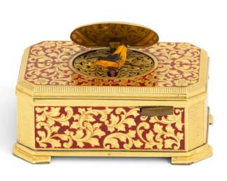Lot 87 French Gilt Metall Muisical Bird Automaton Music Box by EB 4.25 "X 3"