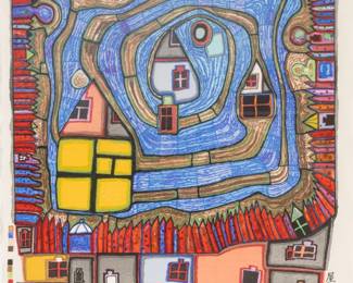 Lot 1019 Friedensreich Hundertwasser (AUSTRIAN, 1928-2000) Color Woodcut on Japanese Paper 1987, 'End of Waters on the Roof', H 21" W 15.5"