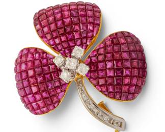 Lot 17 18k Yellow and White Gold, Ruby, and Diamond Clover Pin