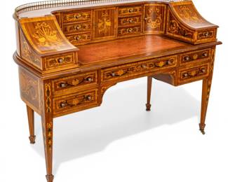 Lot 251 Carleton House Satinwood Inlaid Mahogany Desk with Music Theme Inlays 19th C