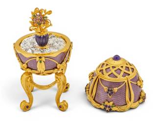 Lot 1232 House of Igor Carl Fabergé, (Russian) Gold Plated Sterling Silver, Enamel and Gem Stone Imperial Egg with Accompanying Brooch, H 5" Dia. 2.5"