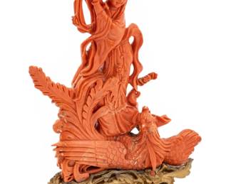 Lot 1095 Chinese Coral Carving GuanYin Immortal 1900, H 13.5" W 9.5" 1 PC