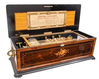 Lot 85 Swiss Victorian Rosewood and Marquetry Table Top Cylinder Music Box with Automata 1875-1895, 'Sublime Harmonie'