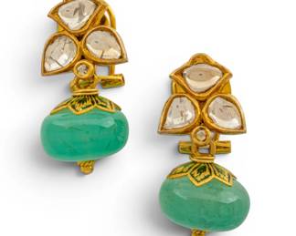 Lot 8 Yellow Gold, Enamel, Emerald, and Diamond Drop Earrings