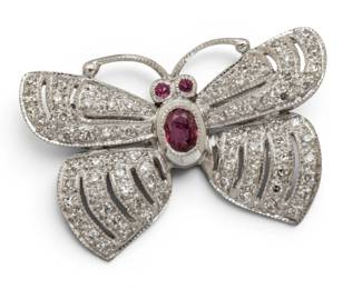Lot 44 18k White Gold, Ruby, and Diamond Butterfly Pin