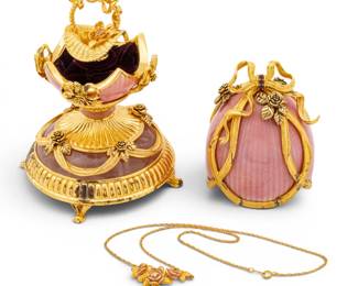Lot 1241 House of Igor Carl Fabergé, (Russian) 24kt Gold Plated Sterling Silver, Enamel and Gemstone Imperial Egg, with Accompanying Pendant, 1991, H 6.25" Dia