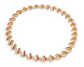 Lot 14 14k Yellow Gold, Ruby, and Diamond Spiral Collar Necklace