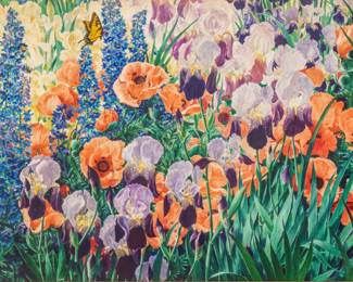 Lot 1012 John Rutherford Boyd (American, 1882-1951) Watercolor and Pencil on Paper 'Flower Garden, Irises and Poppies', H 34.5" W 53"