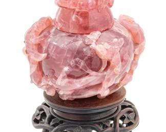 Lot 1101 Chinese Rose Quartz Incense Burner 1900, H 8" W 8"