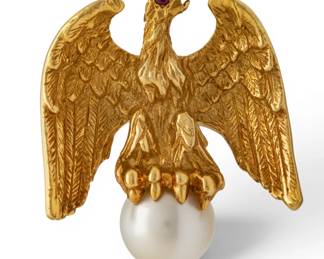 Lot 18 Ann Hand 18k Yellow Gold, Ruby, and South Sea Pearl Eagle Brooch