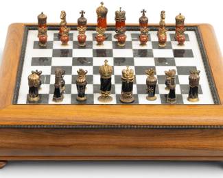 Lot 1226 House of Igor Carl Fabergé, (Russian) Carved Onyx and Jasper with 24kt Vermeil and Gemstones, Imperial Chess Set, Ca. 1986, 32 Pieces with Playing Board