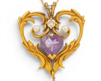 Lot 70 14kt Yellow Gold Lavaliere, with Pendant Impressed 585, Heart Shaped Amethyst, 3 Seed Pearls and Diamond Enhancement