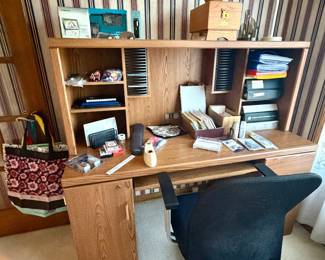 Computer desk and chair, office supplies
