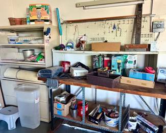 Shelving, work bench, tools