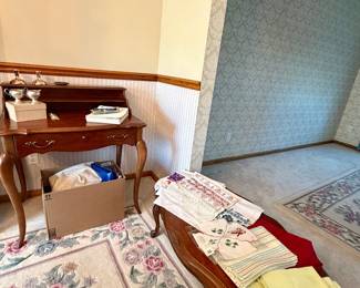 Secretary, coffee table, linens, Romanian hand stitched linens
