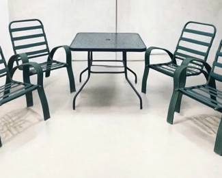 Outdoor Patio Dining Set  Square Glass Top Table  Aluminum Strap Chairs