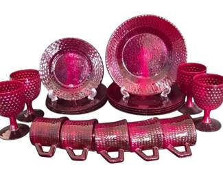 Vintage Ruby Red Glass 18Piece Dinnerware  Stemware Set