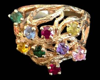  06 Elegant 14K Yellow Gold 9Stone Mothers Ring With Textured Tree Motif