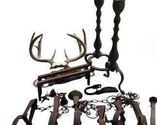 Vintage Rustic Western  Hearth Lot  Antlers, Andirons,  Traps