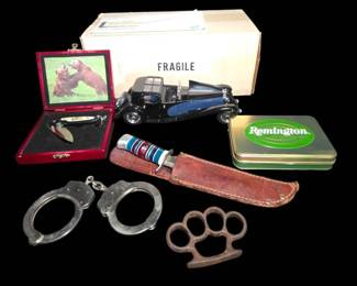 Curated Mens Collectibles Lot Franklin Mint Bugatti, Knives,  Vintage Gear