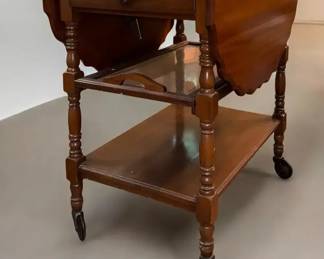 Vintage Colonial DropLeaf Tea Cart  Serving Trolley with SlideOut Glass Tray