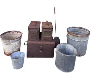 Rustic Industrial Collection  Ammo Boxes, Galvanized Pails  More