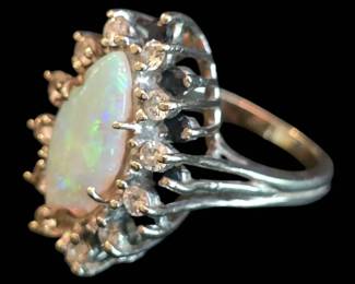 Vintage 14K White Gold Marquise White Opal, Sapphire  0.72 CTW Diamond Halo Ring