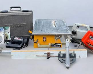 Vintage Power Tool Lot  Table Top Tile Cutter, Miter Gauge and Two Jigsaws