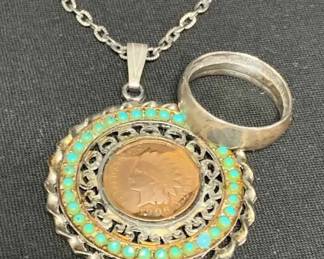 14CT718VUS Half Dollar Ring Indian Head Penny Necklace