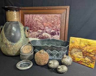 14CT612Vintage Mid Century Quail SP Shakers, Large Vintage Raku Vase More