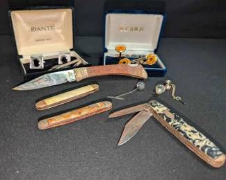 14CT725Mens Cufflinks, Tie Pins Pocket Knives