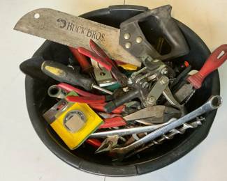 Bucket of Mixed Hand Tools with Buck Bros. Hand Saw