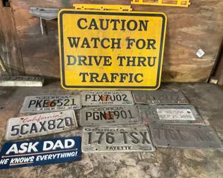 Garage Wall Decor with Caution Sign and License Plates