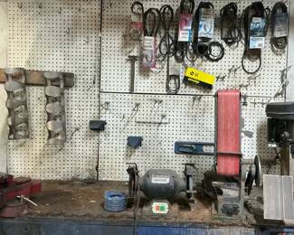 Bench Vise, Drill Press, Grinder, Belt Sander  Shop Equipment