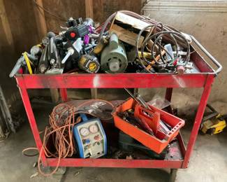 Mystery Lot Of Rolling Shop Cart Loaded with Air Tools, Paint Supplies  Garage Equipment
