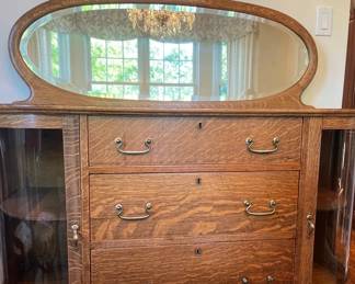 03 Antique R.J. Horner Tiger Oak Sideboard Buffet Curved Glass Beveled Mirror