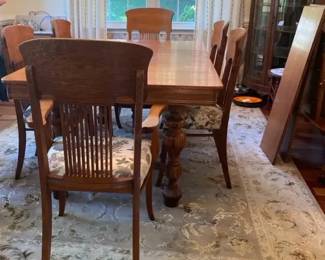 Antique Tiger Oak Solid Wood Dining Table and Leaves, 6 Chairs with Floral Upholstery