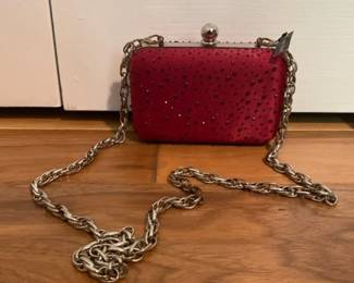 White House Black Market Bejeweled Red Clutch Purse with a Silver Shoulder Chain