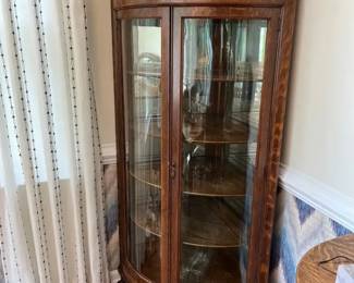 Antique Tiger Oak Curved Glass Corner China Cabinet