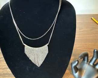 2 Silvertone Necklaces Beaded Bar Swag Dangle and Chain Bracelet Jewelry Set