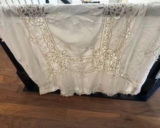 2 Vintage Lace Tablecloths Embroidered Cutwork and Handmade Crochet