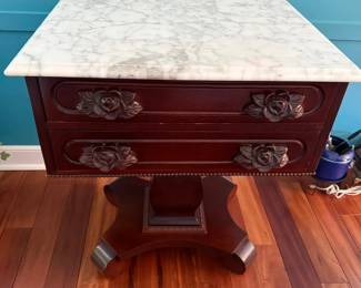 Pair 2 Antique Victorian Marble Top Accent Side Tables with Carved Rose Pulls