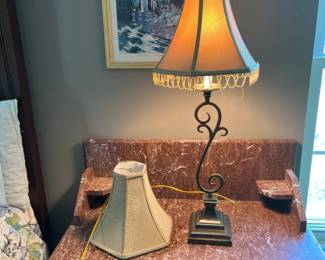 Lamp with Beige Hexagonal Shade With Beaded Trim Extra Shade